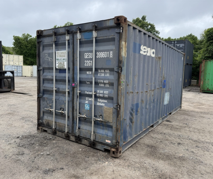20′ x 8′ x 8.5′ Tall – Stiff Hinges – Used Shipping / Storage Container-Wind and Watertight – BLUE